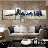 客厅装饰画沙发背景墙挂画卧室餐厅手绘画五联画抽象油画城市特价