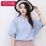 轩腾夏装新款韩版女装宽松版五分袖女式衬衫夏季V领灯笼袖衬衣