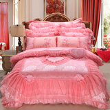 罗莱婚庆四件套大红蕾丝粉色全棉蕾丝提花贡缎六八十件套床上