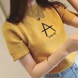 2016夏装新款韩版针织短袖T恤女装纯色半高领字母修身上衣打底衫