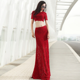 2015夏装波尔多酒红高贵气质蕾丝修身短上衣半身长裙精致两件套装