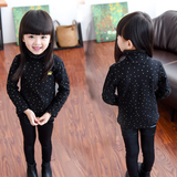 女童装2015秋冬新韩版儿童皇冠高领黑色波点T恤打底衫