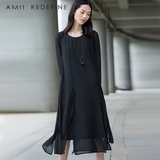 Amii Redefine文艺女装 秋宽松中长款纯色圆领长袖开叉雪纺连衣裙