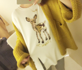 KOGIRL韩国实拍2016新款百搭棉质闪片小鹿图案宽松开叉长款T恤