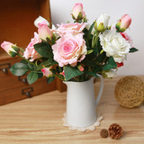 中彩 仿真三头玫瑰花单支绒布花束假花绢花客厅餐桌装饰花MW03335