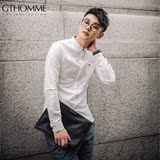 gthomme夏季男士白色长袖衬衫韩版修身青年透气衬衣型男装潮
