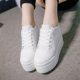 韩版经典黑白色高帮帆布鞋隐形内增高8CM帆布鞋松糕圆头休闲女鞋