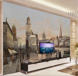 欧式古典建筑电视背景墙纸街头行人油画客厅卧室壁画酒店整张壁纸