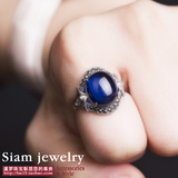 泰国正品s925纯银饰品复古泰银蓝宝石蓝刚玉水晶气质女食指大戒指