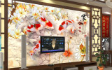 客厅宾馆酒店大堂墙纸大型电视壁画3D立体裸眼无纺布壁纸金鱼荷花