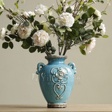 美式乡村法式家居装饰品 复古陶瓷花瓶花插花器 仿古蓝色做旧水罐