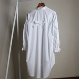 韩版白色纯棉立领衬衫女长袖中长款衬衣后背蝴蝶结宽松灯笼泡泡袖
