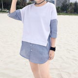 2016夏季新款韩版宽松条纹假两件 韩国百搭上衣女学生七分长袖T恤