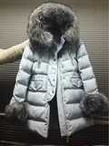 韩版精品15冬季新品女显瘦大毛领中长款加厚袖口带毛棉衣棉服外套