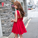 Yhei2016夏韩版红色裙子无袖海边度假沙滩短裙修身露背雪纺连衣裙