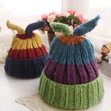 韩国代购萌物兔耳朵撞色毛线帽冬季保暖针织帽可爱帽子扮萌潮帽女