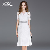 墨洛2016夏季新款气质圆领蕾丝拼接鱼尾白色修身中长款时尚连衣裙