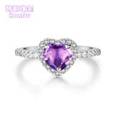 天然紫水晶心形戒指女彩色宝石纯银镀18K白金黄水晶戒指新娘配饰