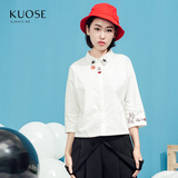 阔色2016秋装新款韩版女装原创设计polo领七分袖手绘印花衬衫