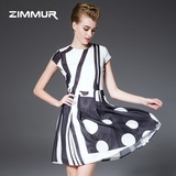 ZIMMUR2016夏季新款女装圆领短袖修身A字裙时尚印花连衣裙中裙