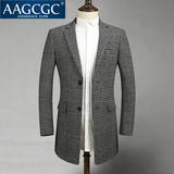AAGCGC 新款英伦千鸟格外套冬季男装修身中长款毛呢大衣9095