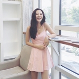 徐琳mini夏季新款定制韩版修身甜美可爱条纹粉色吊带高腰连衣裙女