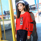 月老家 韩国原宿风红色字母印花拉链拼接长袖套头短款卫衣女秋潮