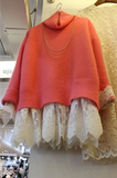 韩国女装代购新款中长款高领蕾丝拼接套头毛衣女长袖花边针织衫
