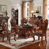 美式餐桌椅 欧式实木仿古雕花大理石餐桌复古双层转盘圆餐桌