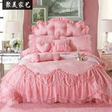 结婚床品四件套公主风蕾丝床单被套婚庆床上用品大红粉色六八件套
