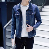2016夏季新款男士牛仔外套韩版修身蓝色翻领牛仔长袖上衣服潮男装