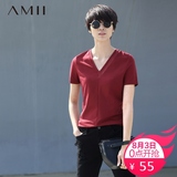 Amii[极简主义]2016春夏季V领纯色修身短袖T恤女装大码上衣打底衫