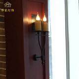 创意美式乡村客厅复古双头云石壁灯卧室床头壁灯咖啡厅哑黑铁艺灯