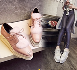 欧洲站潮女鞋子2016松糕真皮高坡跟厚底方头系带毛毛粉红白色单鞋