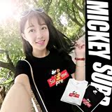 supreme夏季学生短袖恶搞米奇图案简版纯色情侣装大码韩版T恤男