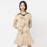 2016新款韩版女款外套中长款英伦显瘦纯色修身鱼尾风衣高档外套