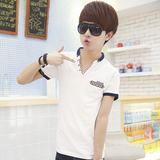 2016夏季新款韩版时尚流行修身休闲纯色纯棉青少年男士v领短袖T恤