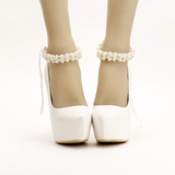 2016白色超高跟细跟新娘鞋珍珠蕾丝水钻腕带礼服鞋圆头女单鞋14cm