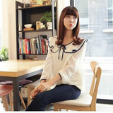 2016春装新款韩版荷叶领边长袖雪纺衫t恤衬衫学生白色上衣长袖女