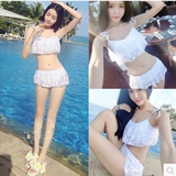 韩国代购bikini温泉白色泳衣女蕾丝荷叶边裙式比基尼钢托泰国泳衣