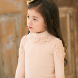韩国童装 秋冬款女童高领加绒蕾打底衫T恤 儿童蕾丝领纯棉上衣