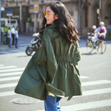 2016春秋韩国女装韩版工装风衣中长款宽松抽绳收腰军绿色外套女潮