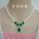 天然淡水珍珠项链 白色米形强光绿色玉吊坠送妈妈女友礼物纯银扣