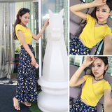 2016夏季新款女装韩版v领短袖套装印花长裙修身显瘦两件套连衣裙