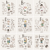 新卡通可爱手绘线描简笔画儿童人物字母职业EPS矢量设计素材 26组
