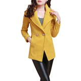 秋冬装 女士黄色毛呢西装 修身OL时尚外套 中长款西服加厚