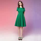 Jungle me绿色连衣裙短袖修身显瘦大摆复古伞裙原创设计夏季新品