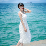 小清新甜美蕾丝白色连衣裙唯美修身气质沙滩裙 夏 长裙大摆A字裙
