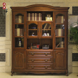 实木家具书柜书架组合胡桃木美式乡村书柜书房家具带玻璃门储物柜