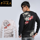 特价 中国风日韩和柄 高级日本刺绣长袖T恤男 棉100%绣花金鱼情侣